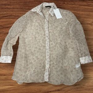 ZARA Sheer Floral Button-Up Blouse NWT SZ‎ Small Lavender Rose Print Cuff Sleeve
